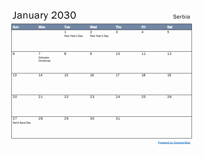 January 2030 Simple Monthly Calendar for Serbia