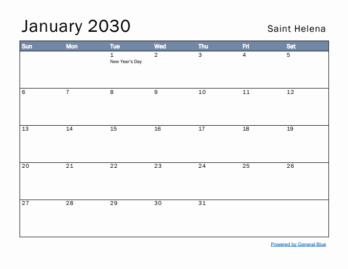 January 2030 Simple Monthly Calendar for Saint Helena