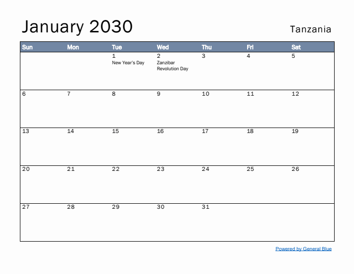 January 2030 Simple Monthly Calendar for Tanzania