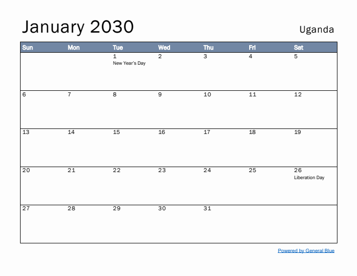 January 2030 Simple Monthly Calendar for Uganda