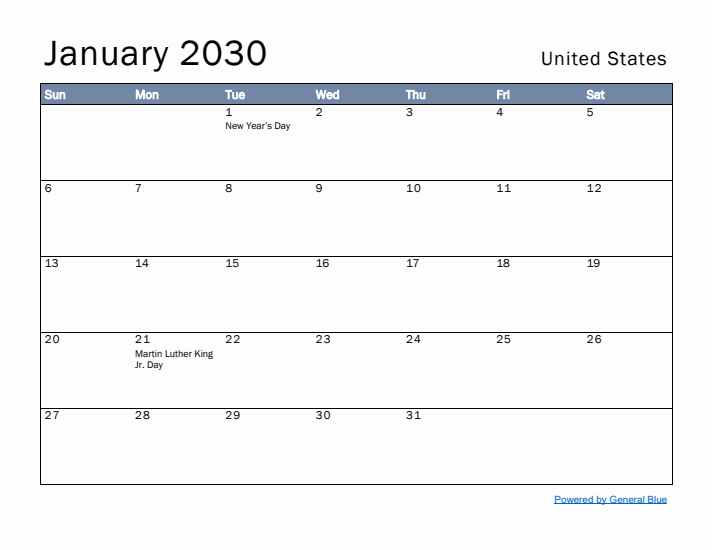 January 2030 Simple Monthly Calendar for United States