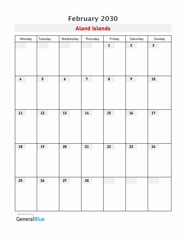 Aland Islands February 2030 Calendar with Holidays