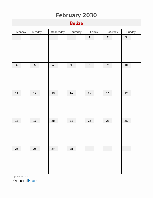Belize February 2030 Calendar with Holidays