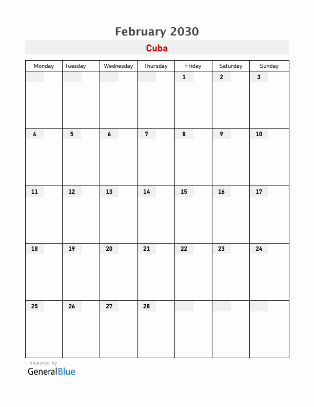 Cuba February 2030 Calendar with Holidays