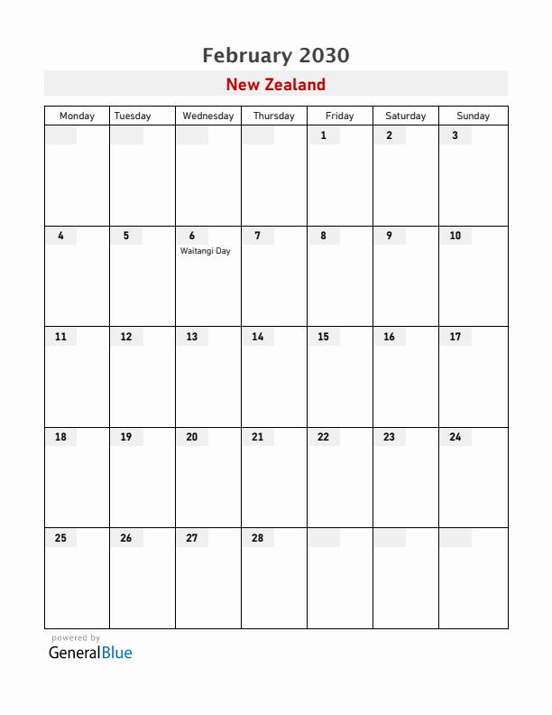 New Zealand February 2030 Calendar with Holidays