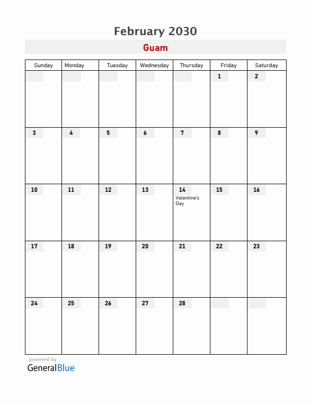 Guam February 2030 Calendar with Holidays