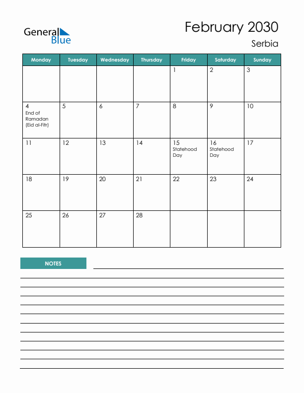 Calendar with Notes Printable - Monday Start