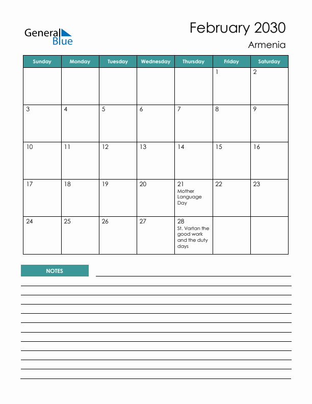 Calendar with Notes Printable - Sunday Start