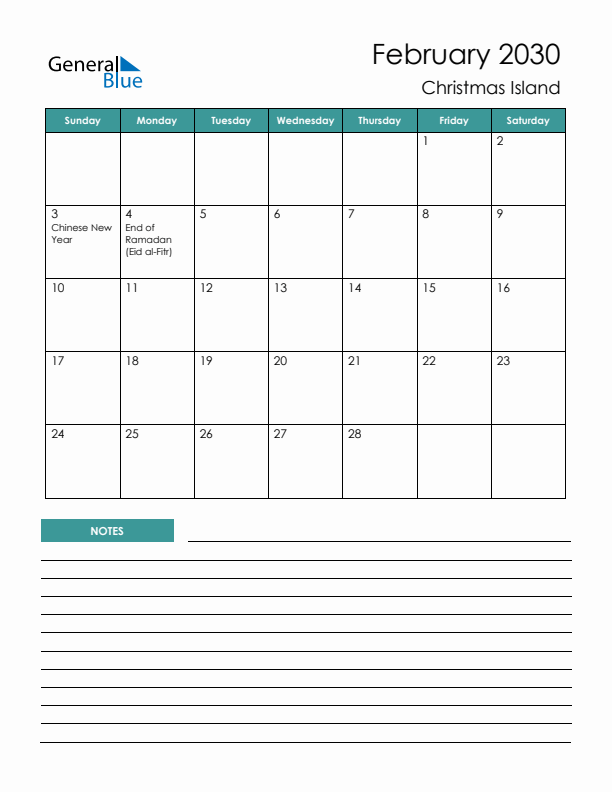 Calendar with Notes Printable - Sunday Start