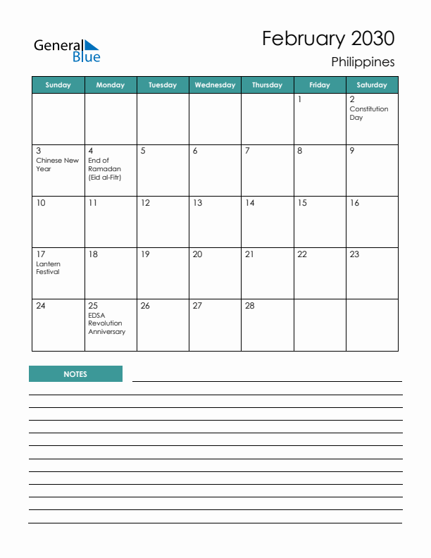 Calendar with Notes Printable - Sunday Start