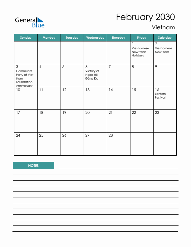 Calendar with Notes Printable - Sunday Start