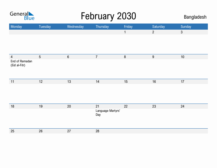 Fillable February 2030 Calendar