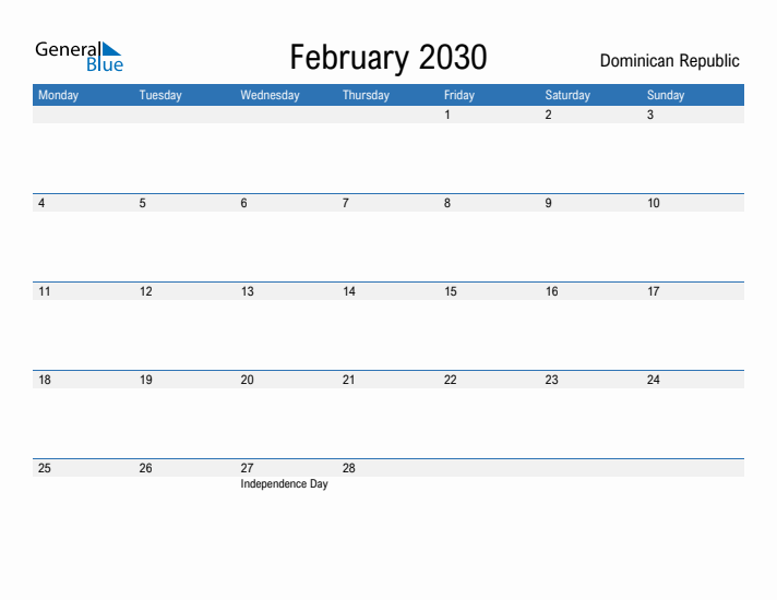 Fillable February 2030 Calendar