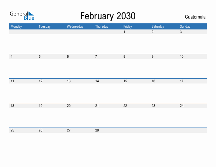 Fillable February 2030 Calendar