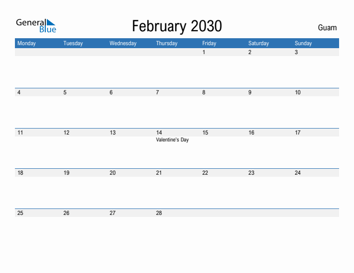 Fillable February 2030 Calendar