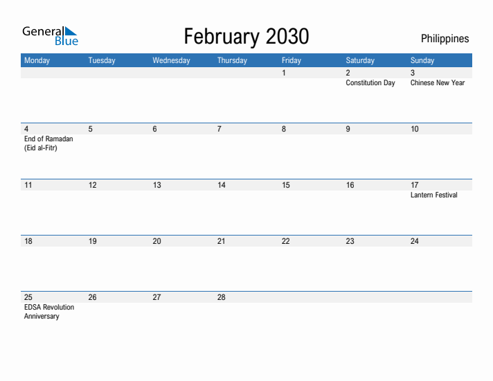 Fillable February 2030 Calendar