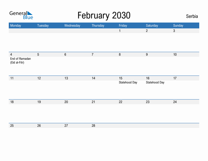 Fillable February 2030 Calendar