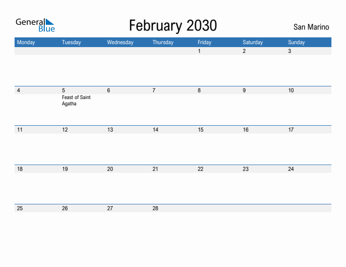 Fillable February 2030 Calendar