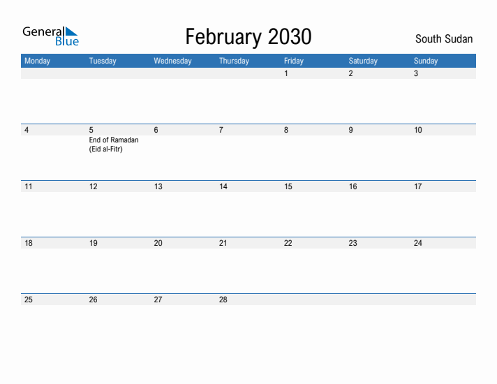 Fillable February 2030 Calendar