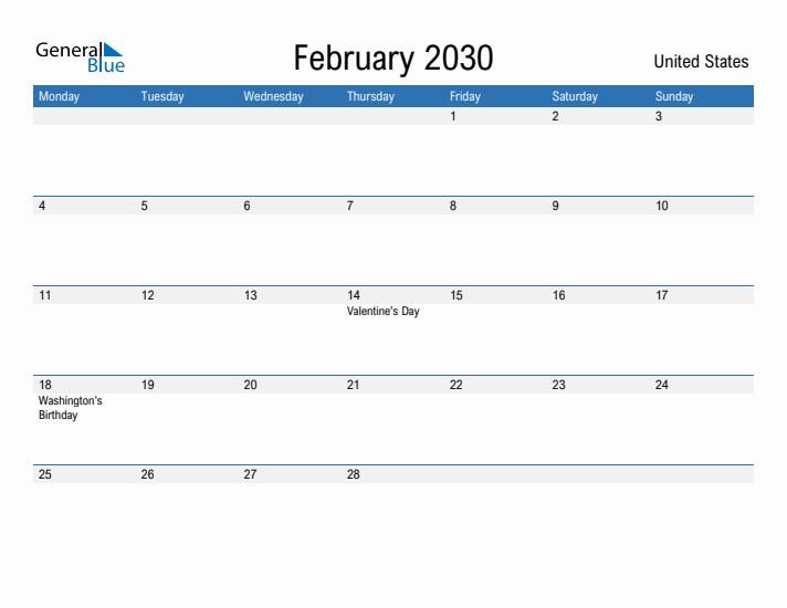 Fillable February 2030 Calendar