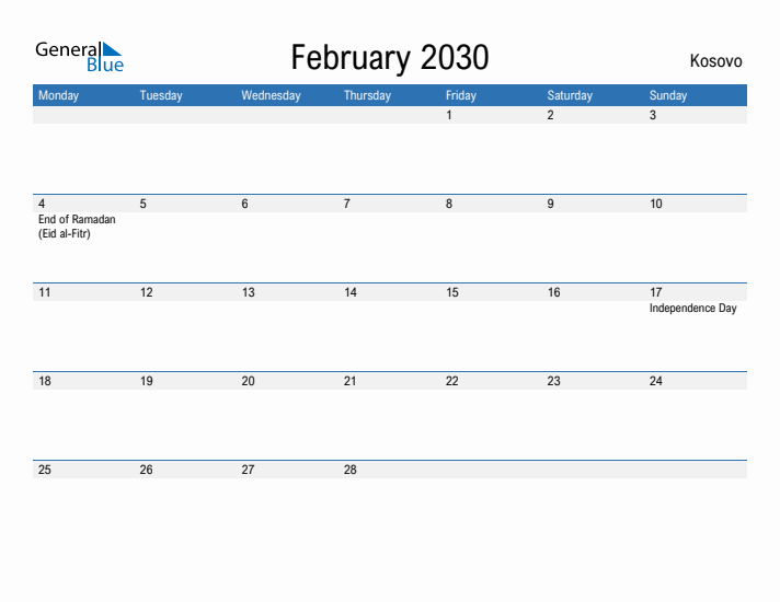 Fillable February 2030 Calendar