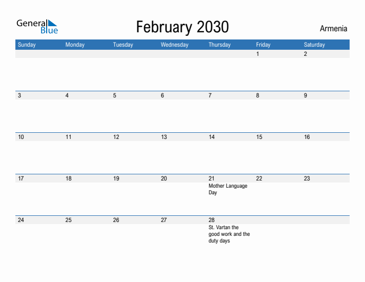 Fillable February 2030 Calendar