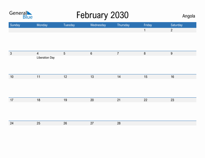 Fillable February 2030 Calendar