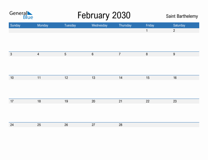 Fillable February 2030 Calendar