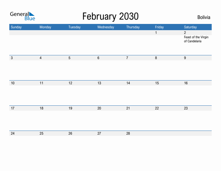 Fillable February 2030 Calendar