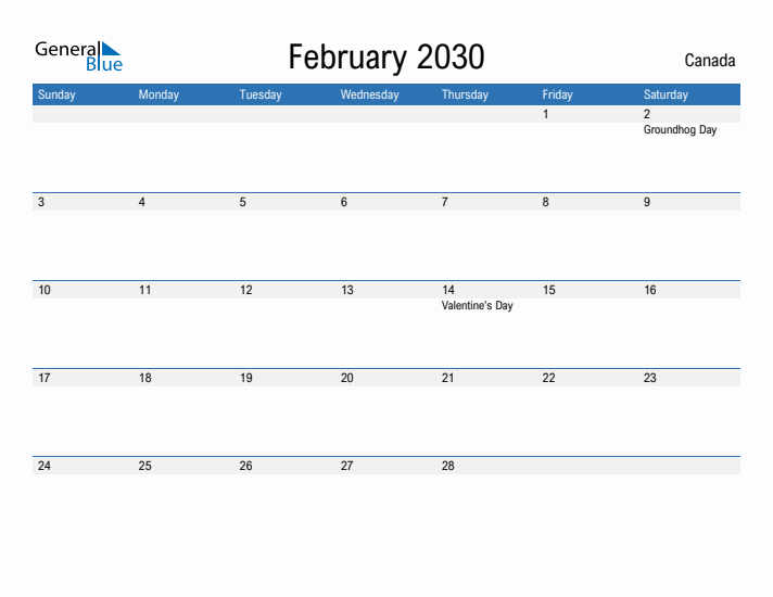 Fillable February 2030 Calendar