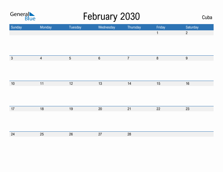 Fillable February 2030 Calendar