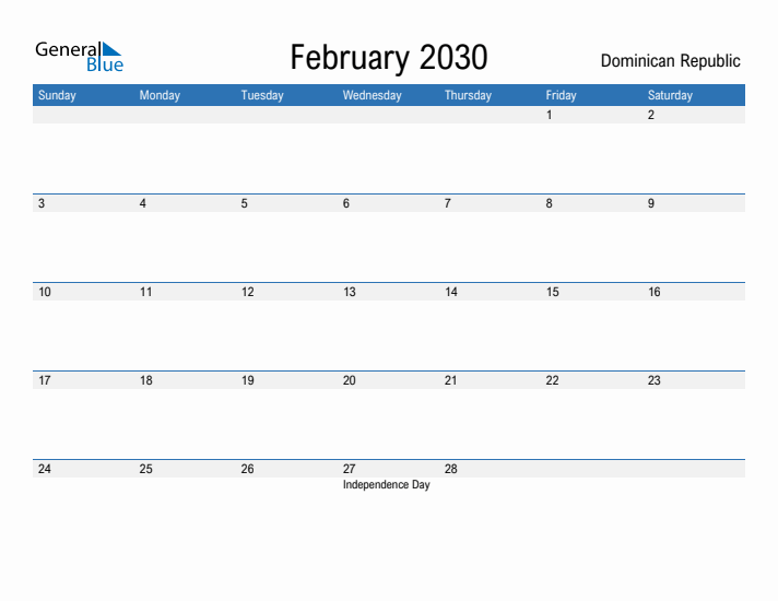 Fillable February 2030 Calendar