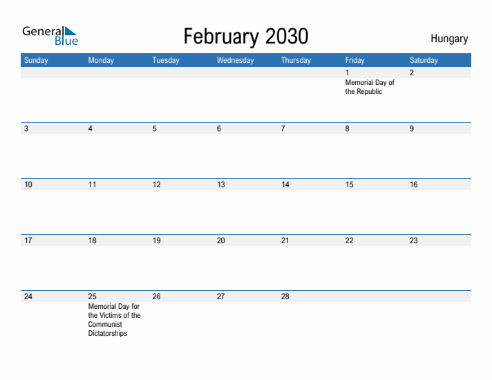 Fillable February 2030 Calendar