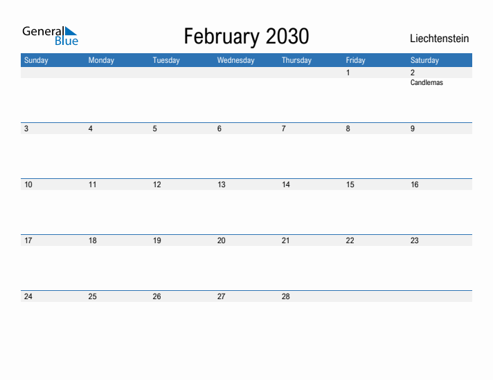 Fillable February 2030 Calendar