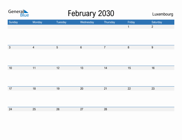 Fillable February 2030 Calendar