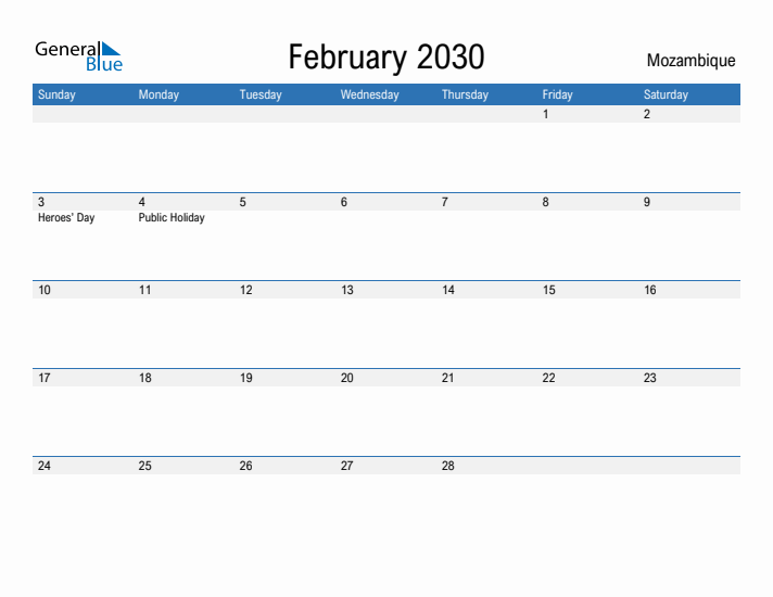 Fillable February 2030 Calendar