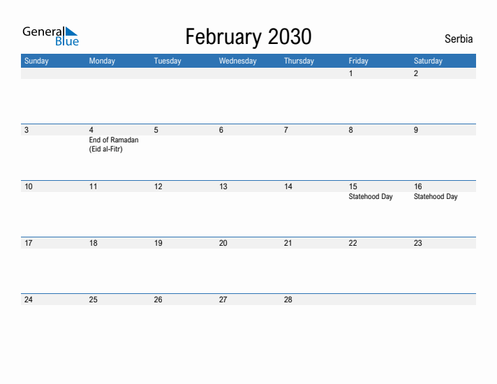 Fillable February 2030 Calendar