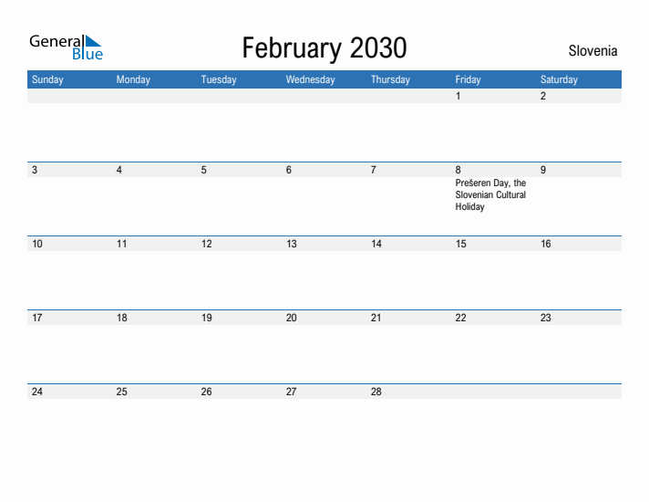 Fillable February 2030 Calendar