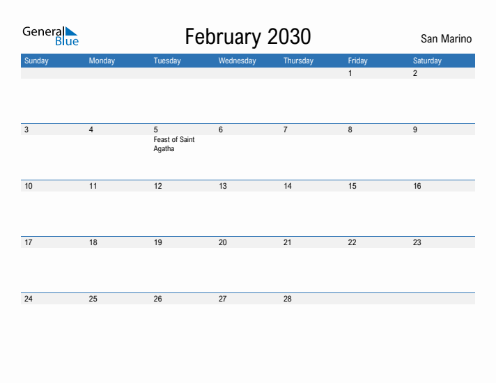 Fillable February 2030 Calendar