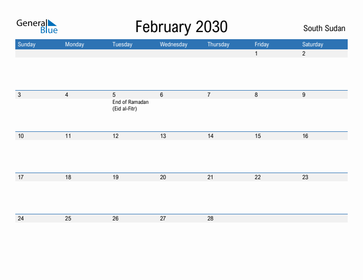 Fillable February 2030 Calendar