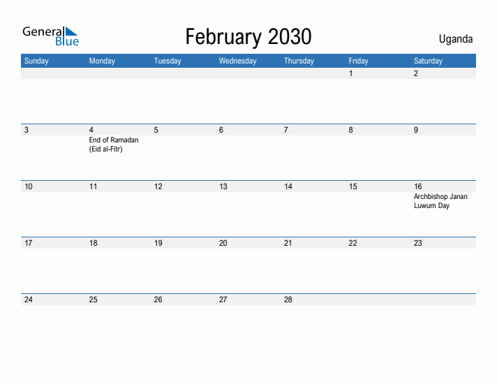 Fillable February 2030 Calendar