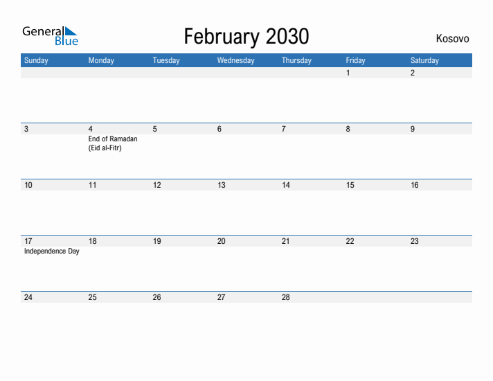 Fillable February 2030 Calendar