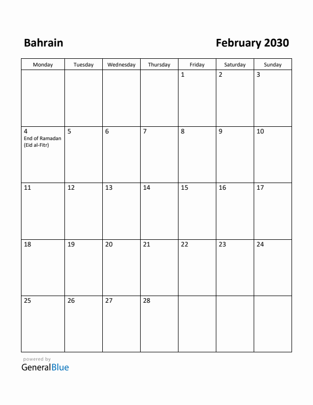 February 2030 Calendar with Bahrain Holidays