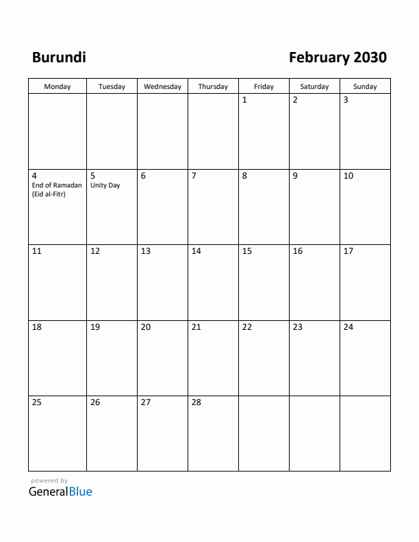 February 2030 Calendar with Burundi Holidays