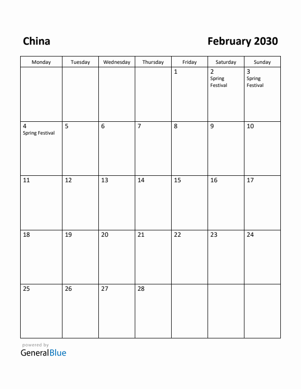 February 2030 Calendar with China Holidays