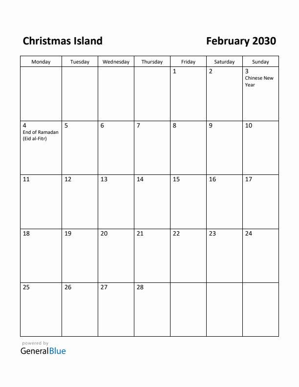 February 2030 Calendar with Christmas Island Holidays