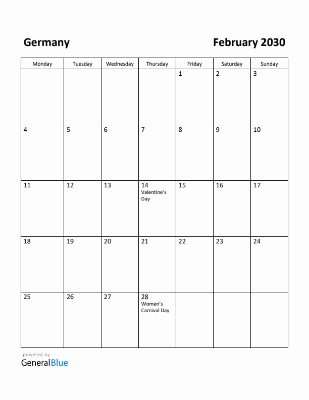 February 2030 Calendar with Germany Holidays