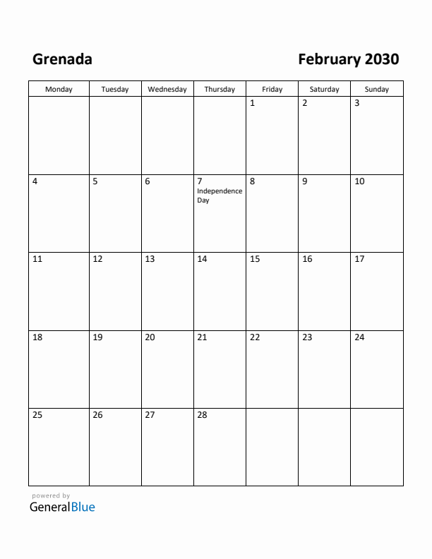 February 2030 Calendar with Grenada Holidays