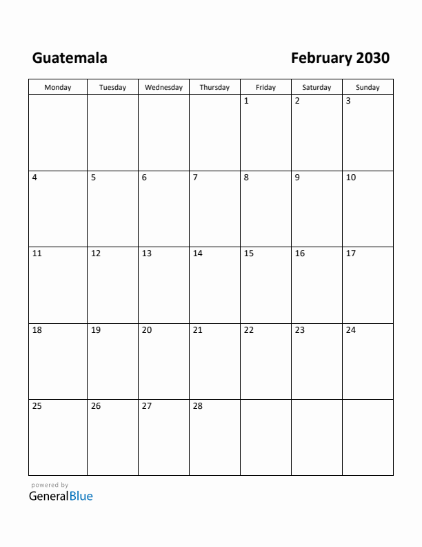 February 2030 Calendar with Guatemala Holidays