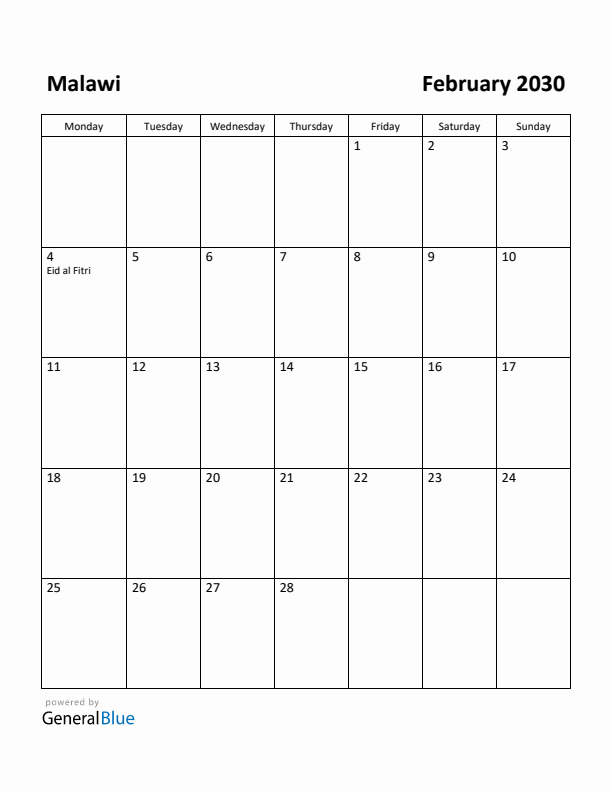 February 2030 Calendar with Malawi Holidays